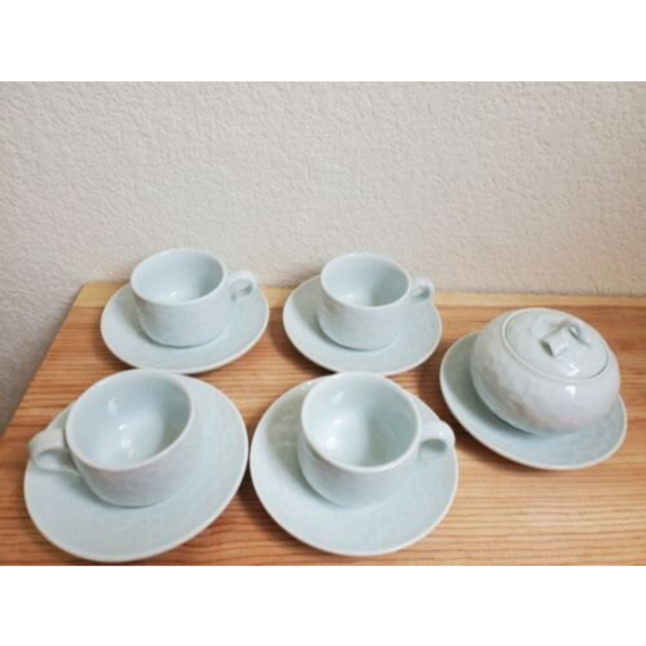 10 Piece Tea Cups Saucers Creamer‎ Set Chinese Pale Green Textured Floral - Picture 4 of 10